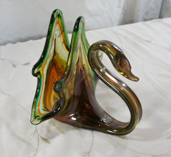 vintage glass swan napkin holder letter holder green orange