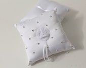 Organza Roses White Satin Ring Bearer Pillow - White Roses Ring Pillow Bridal Pillow - White Wedding Pillow with Rhinestones and Pearls