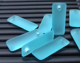 2pcs (32x12mm) Turquoise Bay Rectangle Puffed Recycled Sea Glass Pendant Bead - 2 Pieces