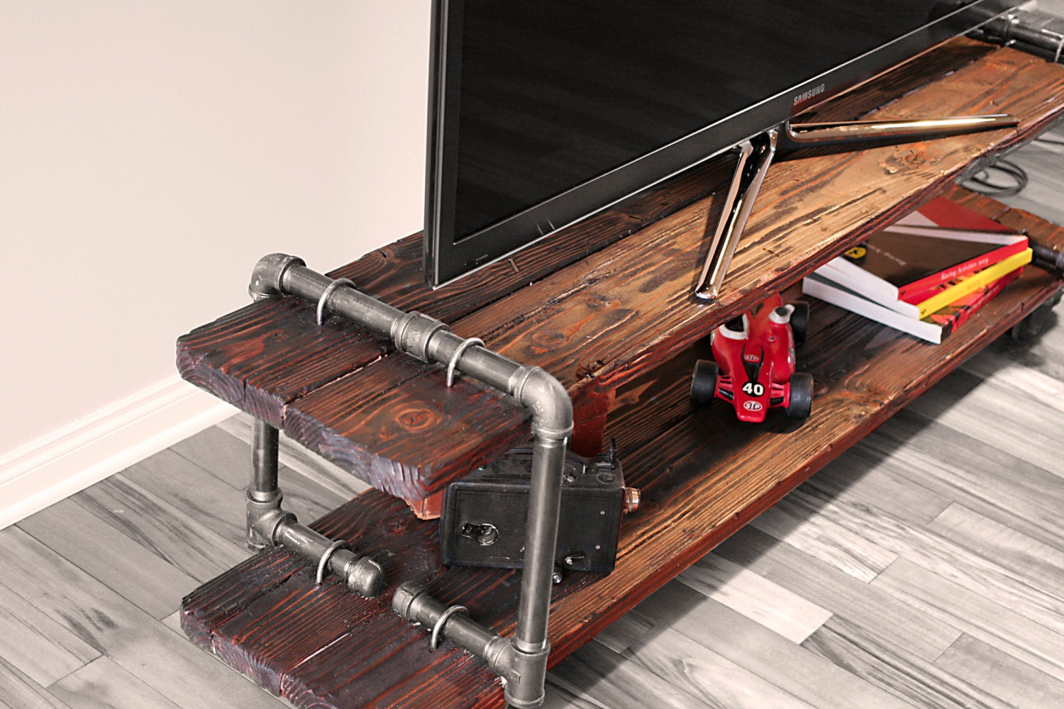Vintage Industrial Cast Iron Pipe Table TV by AntonMakaDesigns