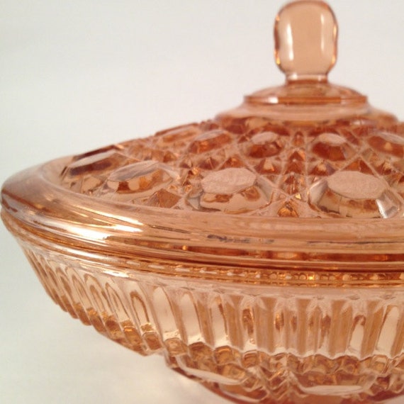Items similar to Pink Depression Glass Covered Candy Dish Windsor
