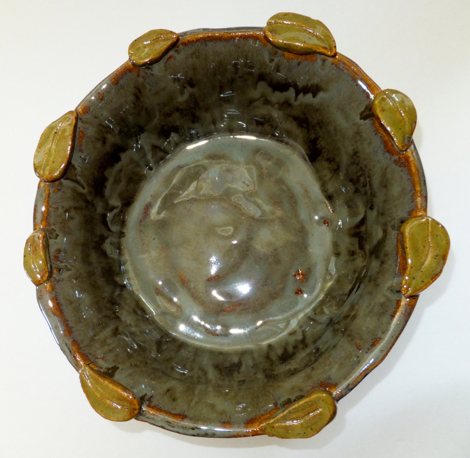 Large Sage Ceramic Bowl with Leaves