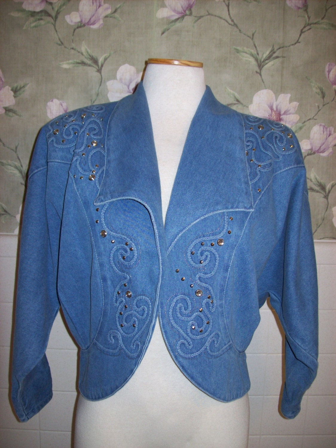 Cropped Denim Jacket With Rhinestones Size By Astepbackboutique 1961