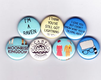 MOONRISE KINGDOM badges - set of 7 - Wes Anderson rushmore life aquatic steve zissou bill murray The Darjeeling Limited Royal Tenenbaums