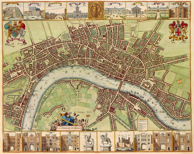 Huge Vintage 1690 historic old world map of LONDON ENGLAND Restoration Hardware Style Fine Art Print Giclee Poster