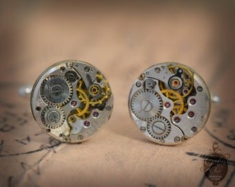 Steampunk Cufflinks with vintage watch movements. Upcycled watch movements mens Cuff Links