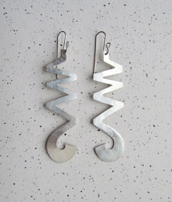 Pair of  "Long ZigZag"  silver earrings with a textured surface. Length 5.8 cm (2.3") plus wire.