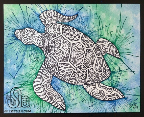 Original Watercolor & Ink Zentangle Turtle Painting