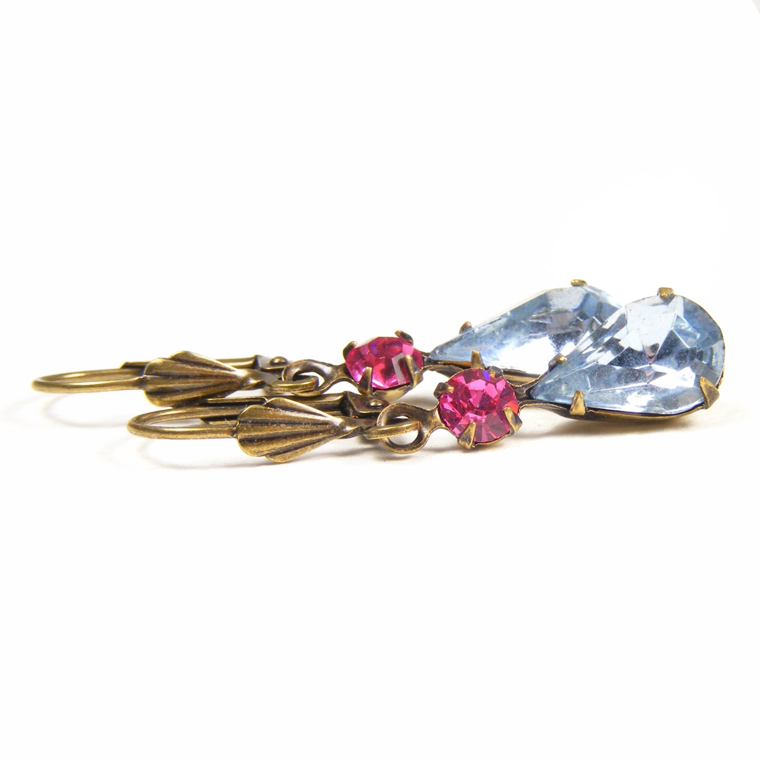 Pale Blue Crystal Earrings, Vintage Style Drop Earrings, Downton Abbey Inspired, Light Sapphire Blue Vintage Crystal Rhinestones