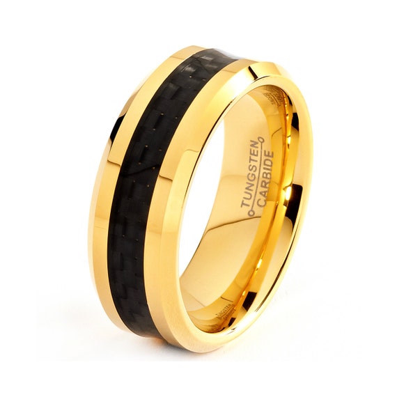 Man Wedding Band Tungsten Carbon Fiber Black 18K Yellow Gold Ring ...