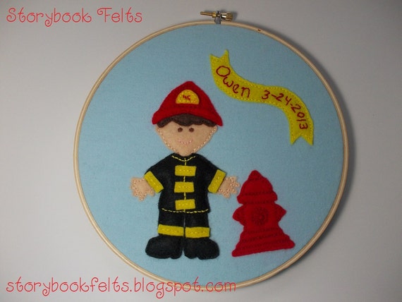 Storybook Felts Personalized Embroidered Applique Hoop Fireman With Fire Hydrant Name And Birthday