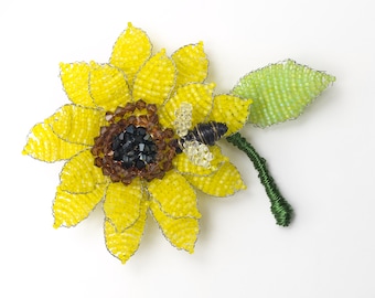 Hand Beaded Sunflower Pin (medium) with Swarovski Crystal & Japanese Beads