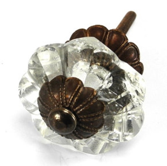 Set 20 Art Deco Glass Knobs w/ Antique Brass Florentine