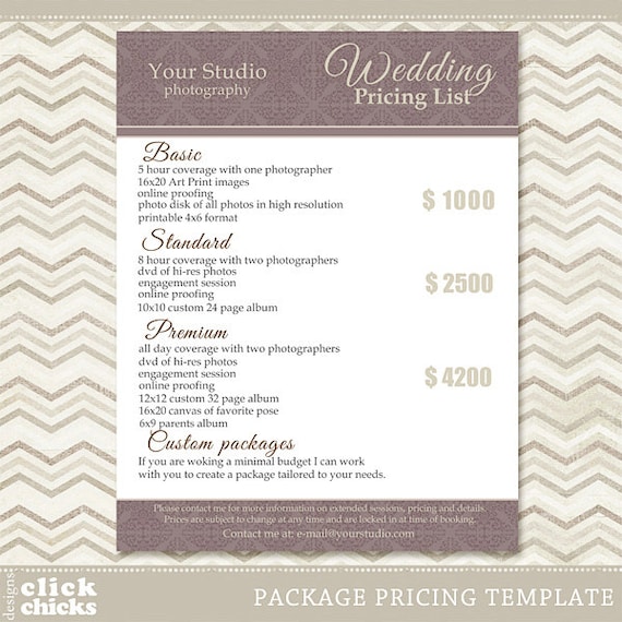 Photography Package Pricing List Template Wedding Packages