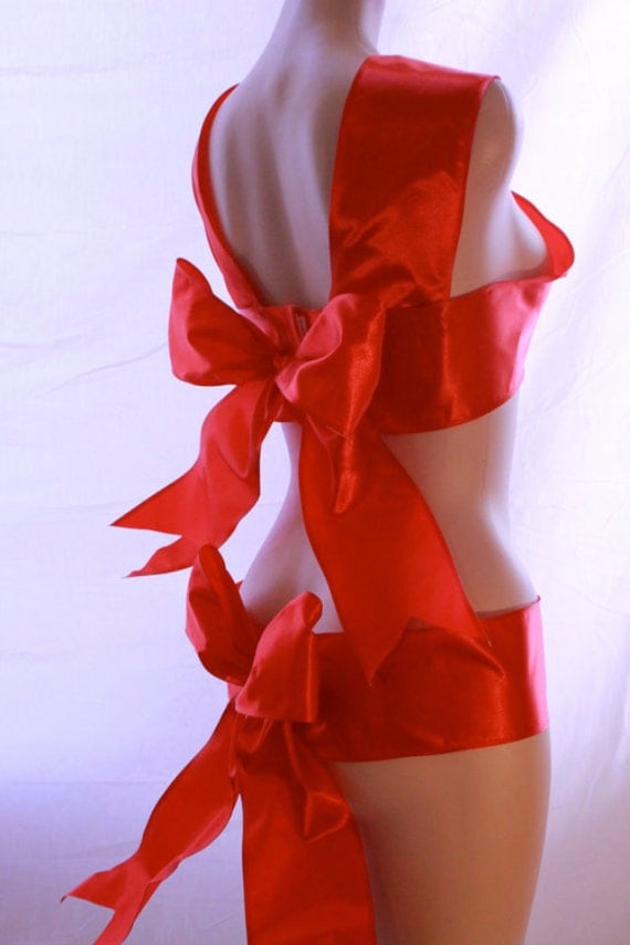 Red Ribbon Sexy Gift Burlesque Boudoir Lingerie Costume