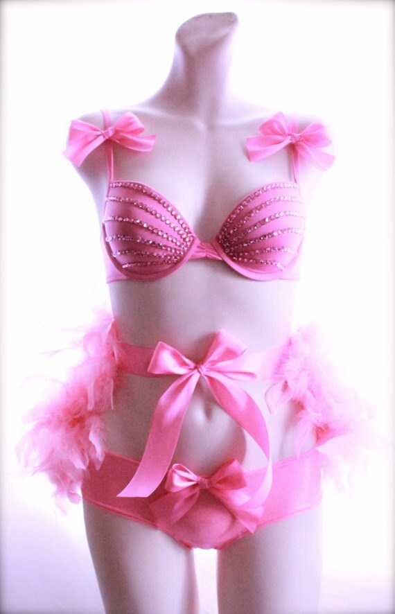 34B/Med Bubblegum Pink rhinestone Bra and Panty set with