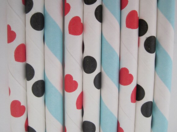 Alice in Wonderland Paper Straw Mix - Red Heart, Black Dot, light Blue Stripe - ships less than 24 hours Il_570xn