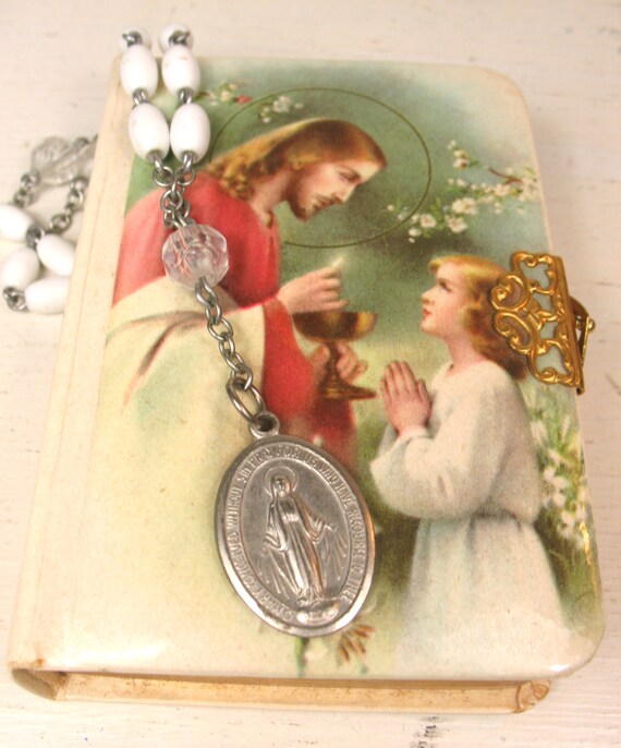 Vintage Catholic Child's Missal and Vintage Virgin Mary hand rosary. Key of Heaven A Manual of Prayers. 1952