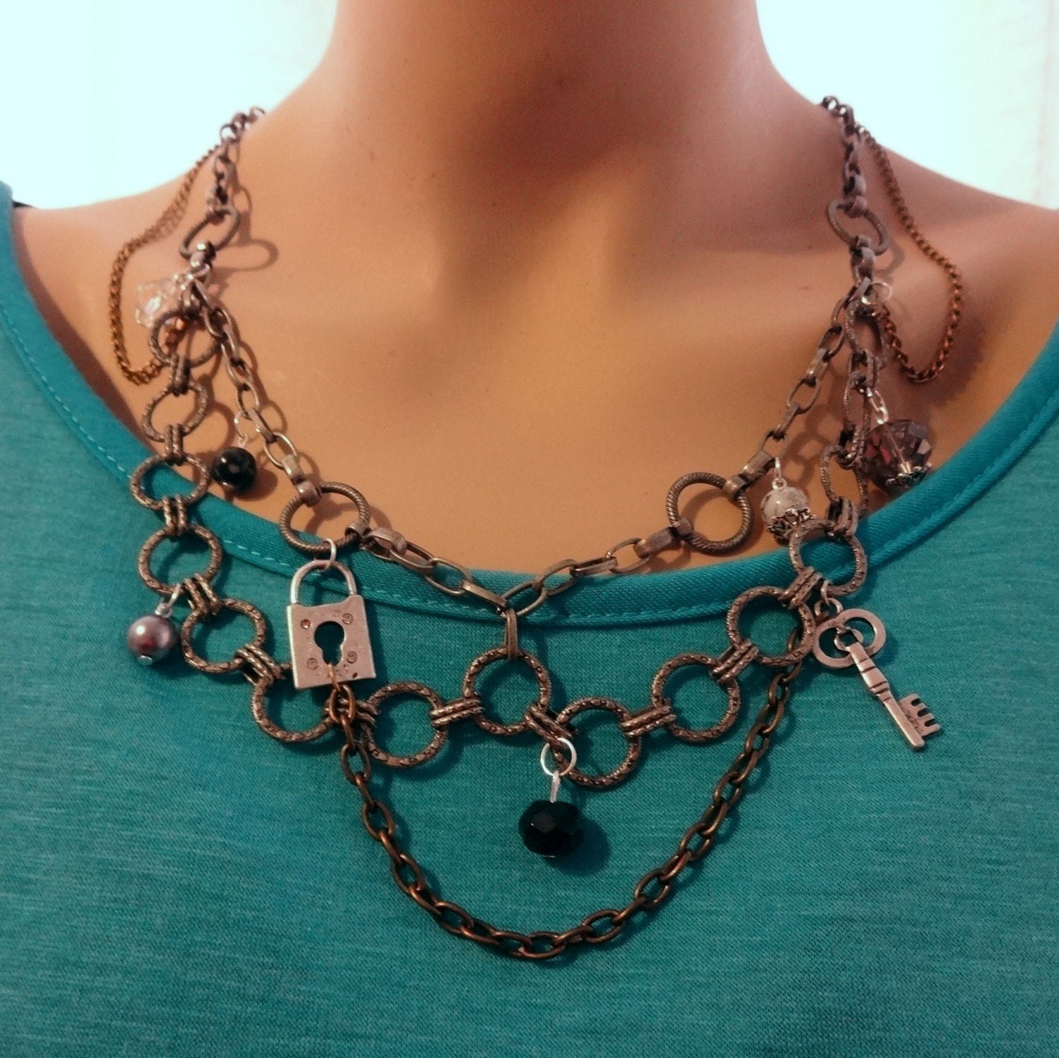 Chained Key & Lock Charm and Bead Necklace