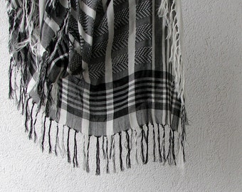 Vintage black & white cotton scarf, large keffiyeh with fringe