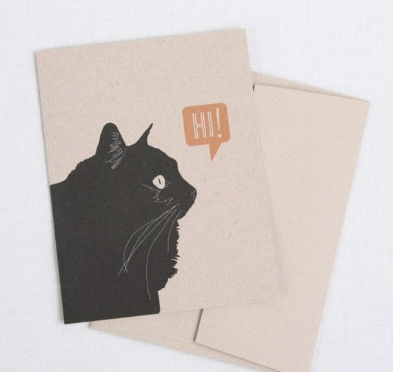 Black Kitty Says Hi // Blank Note Card, 3 Color Options