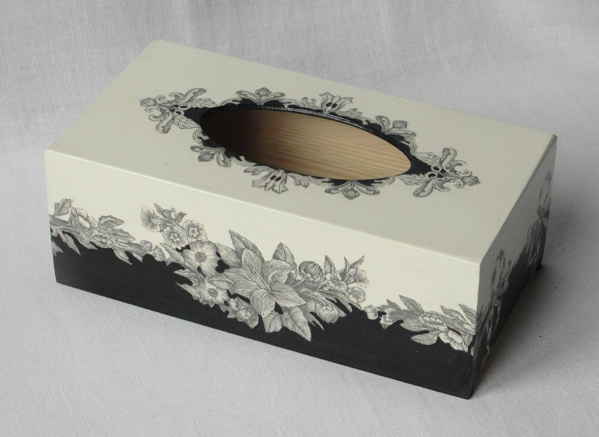 Tissue Box Cover with floral motif. Decoupage in black and