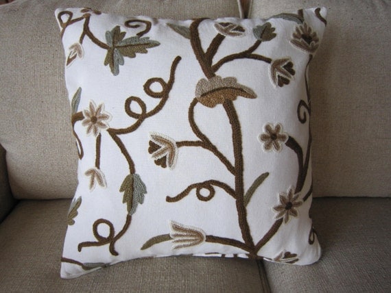 Off white linen decorative pillow cover with crewel flowers