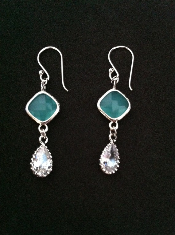 Faceted Mint and Zirconia Teardrop Glass Stone Dangle