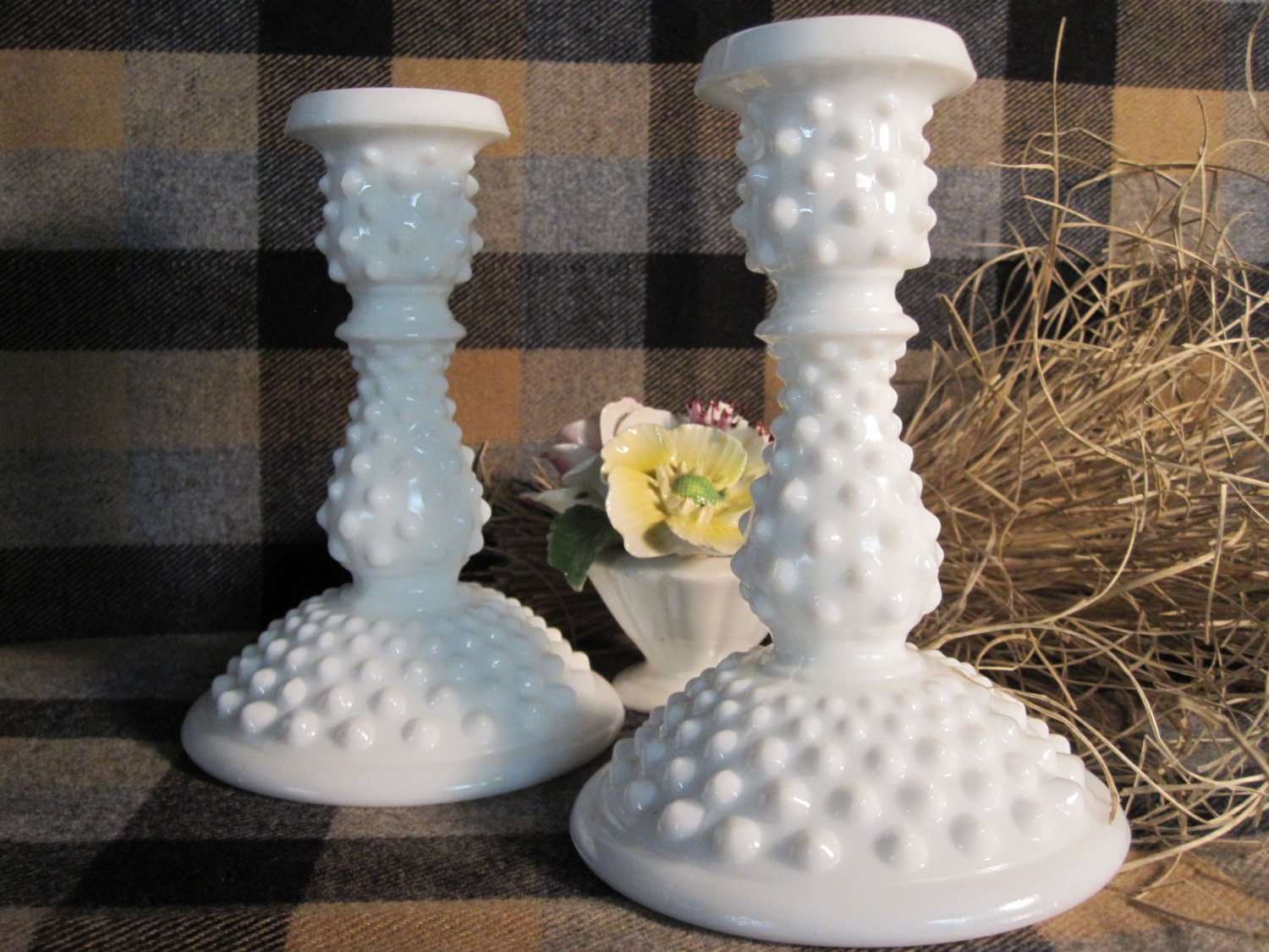 Pair of Vintage Fenton Milk Glass Hobnail Candlesticks