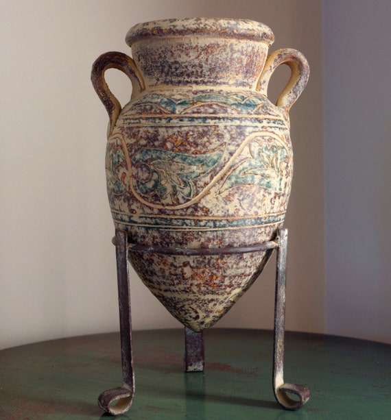 Vintage Amphora Ceramic Vase with Handles and Stand Estate
