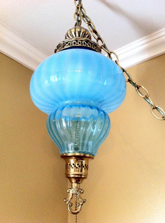 1960s Decorated Aqua Blue Glass Swag Lamp With Solid Brass