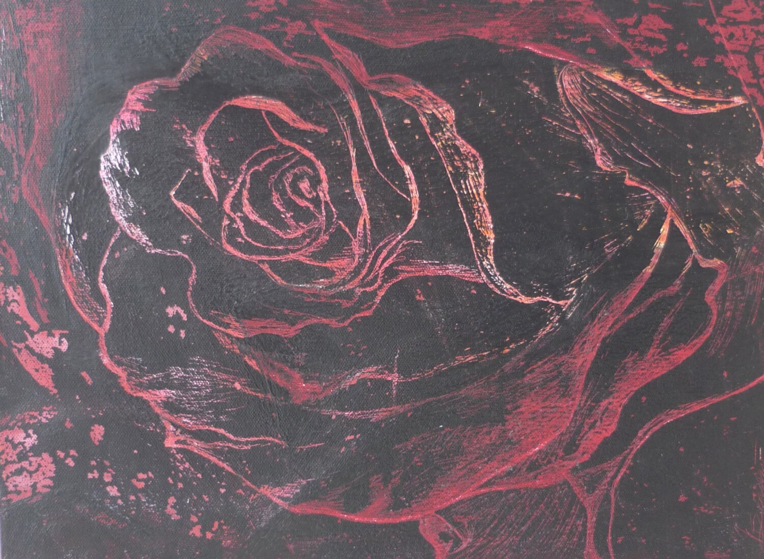 Abstract Black and Red Rose Etched into Acrylic Paint
