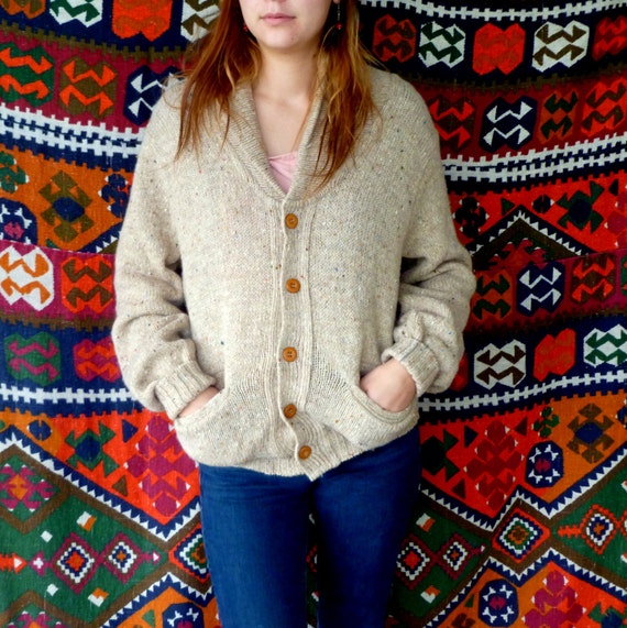 Vintage Winona Knits Button Up Wool Cardigan with Leather