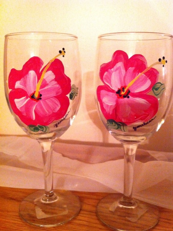 Hand painted hibiscus flower wine glass by GennaBeanArt on Etsy