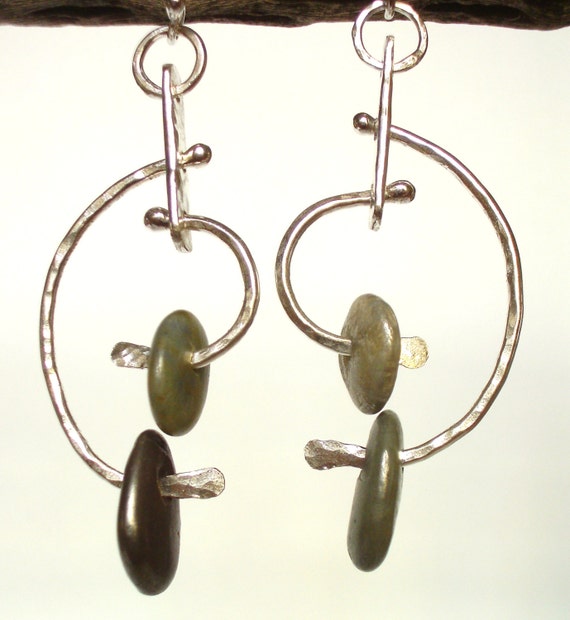 Earrings - Sterling Silver - Modernist Hoop Crescent - Beach Stone - Silversmith - RMD Designs