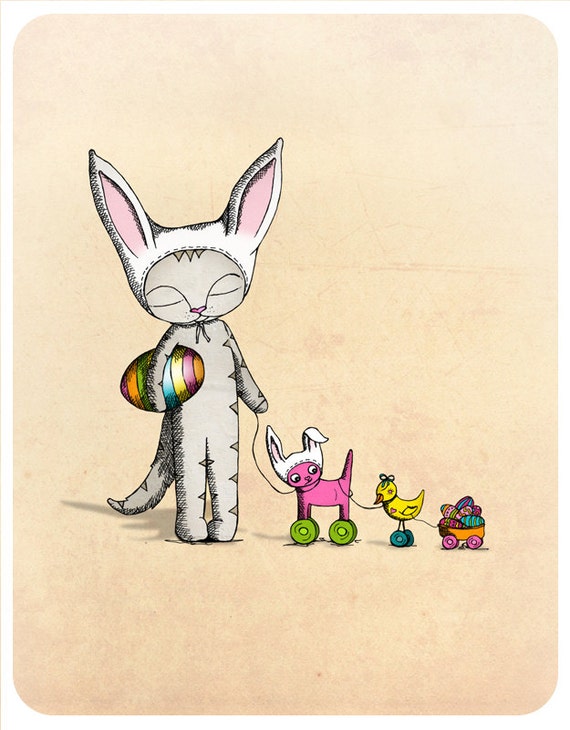 Easter bunny cat Art Print Rabbit Bunny by ShopMissElla on Etsy