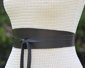 REVERSIBLE Black Leather + Fabric print Obi Wrap Sash Belt - napa lambskin - custom made - XS S M L XL Plus & Petite size - 3 inches wide