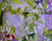 Painting, Spring Equinox, small abstract impressionist landscape, impasto oil, green, lilac, 8 x 8 inches