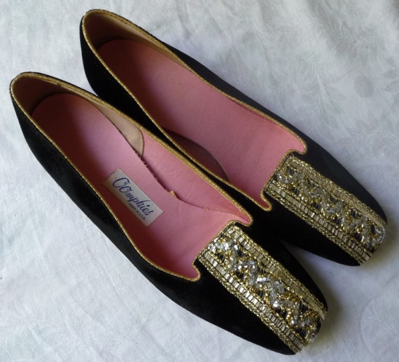 1950s Black Velvet Slipper Loafers OOMPHIES Vintage 50s