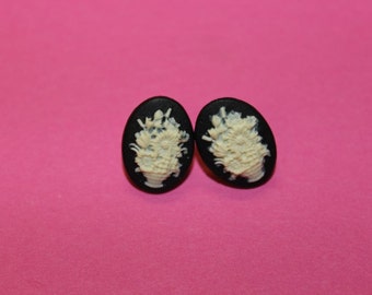 Large Black Flower Bouquet Cameo Earrings
