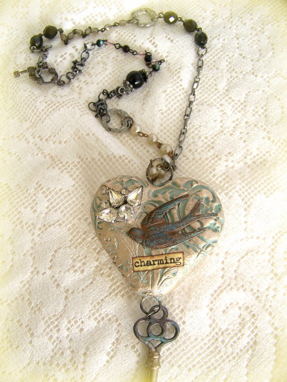 Handmade Mixed Media Jewelry Altered Necklace Vintage Bird