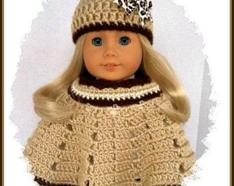 Handmade Doll Clothes Made To Fit American Girl, 2 Pc Crochet Poncho Set, Animal Print Hat, Fits 18 Inch Doll