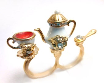 Tea Set Double Finger Ring, Miniature Food Jewelry, Polymer Clay Food Jewelry