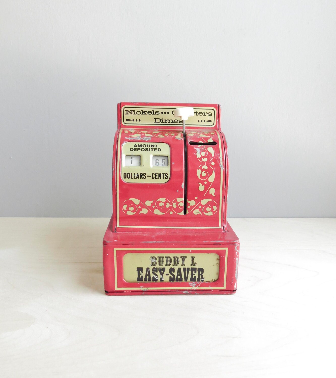 vintage toy cash register bank / cherry red