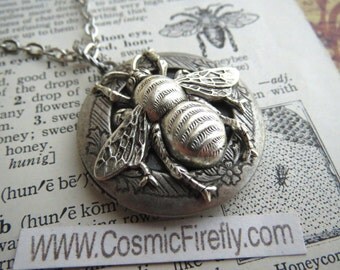Silver Bee Locket Necklace Rustic Silver Plated Finish Gothic Victorian Vintage Inspired Antiqued Silver Bee Jewelry