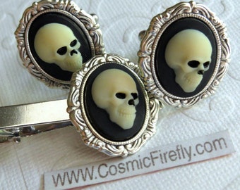 Skull Cufflinks & Skull Tie Clip Men's Cufflinks Gothic Victorian Steampunk Cufflinks Pirate Cufflinks Set Of 3