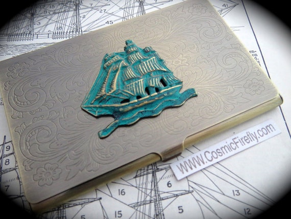 Steampunk Business Card Case Green Brass Pirate Ship Antiqued Bronze Brass Metal Case Gothic Victorian Florentine Scroll New by CosmicFirefly steampunk buy now online
