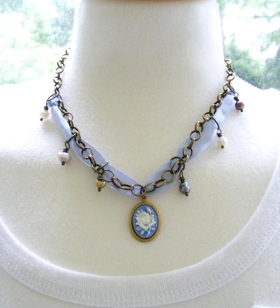 Periwinkle Blue Cameo on Antique Brass Necklace by meiguidesigns