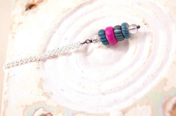 Glass Modern Art Jewelry Necklace- Czech Glass, Teal and Fuchsia Polymer Gypsy Trade Beads Pendant on Gunmetal Chain