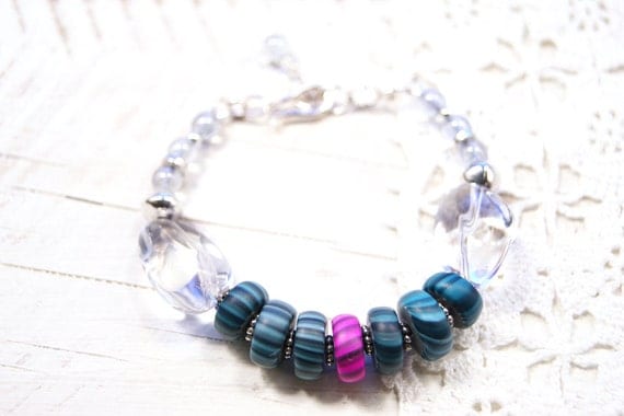 Crystal Modern Art Jewelry Bracelet- Fuchsia and Teal Polymer Clay Gypsy Trade Beads, Pewter and Sterling